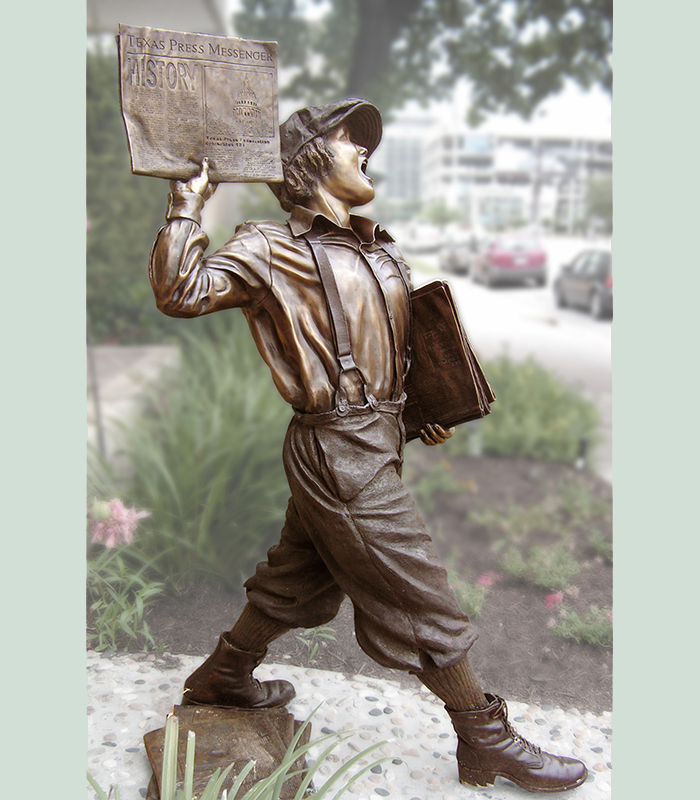 Houston, Texas sculptor creates a statue of a newsboy in bronze