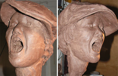 Sculpting a shouting newsboy