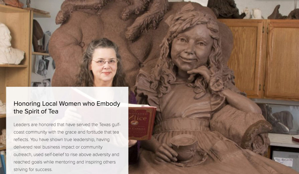 Sculptor Bridgette Mongeon with her sculpture of Alice